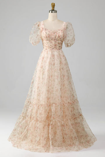Champagne A-Line Floral Print Pleated Tiered Ball Dress With Puff Sleeves